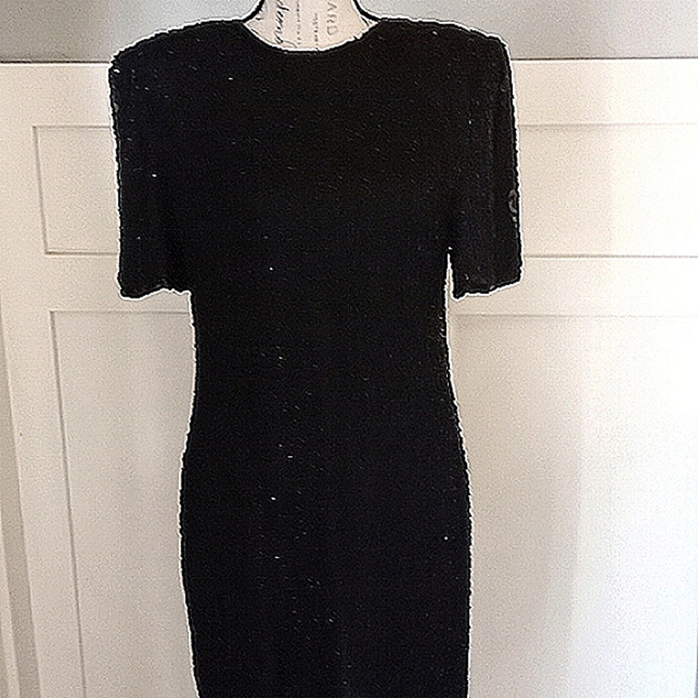 Vintage Laurence Kazar New York Vintage Silk Black Beaded Formal Dress Sz  PL